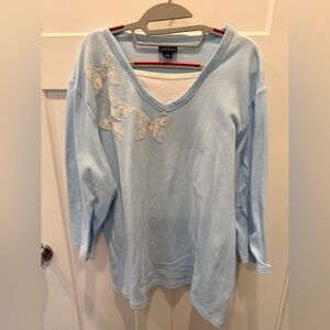 Trilogy by Morning Sun 3X Light Blue Butterfly Embellished V-Neck Top